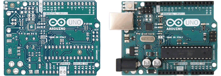 Arduino board before and after component placement.