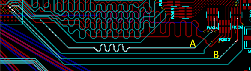 Traces with serpentine length matching