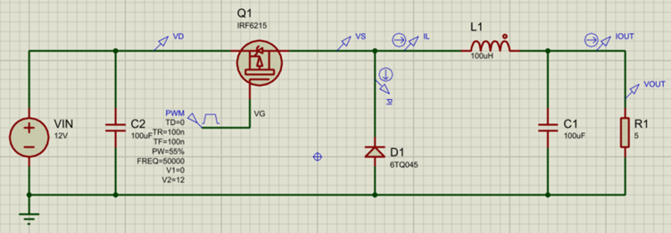 Buck Converter Schematic Circuit in Proteus.