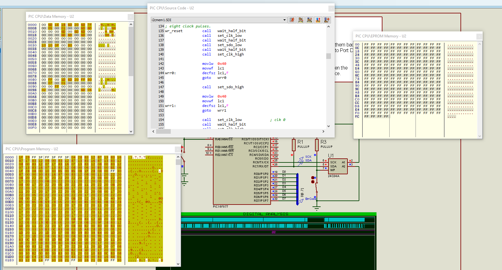 Memory registers of a PIC16 during simulation.