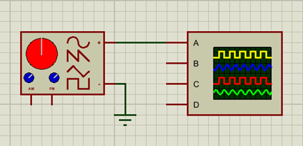 Signal Generator wired to Oscilloscope in Proteus.