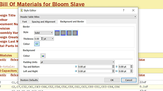 Customise the Bill of Materials using the Style Editor.