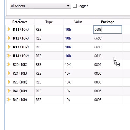 Proteus allows you to make changes to multiple parts with adrag and replace feature in Design Explorer.