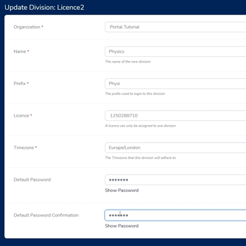 Setting a licence to an organisation division.