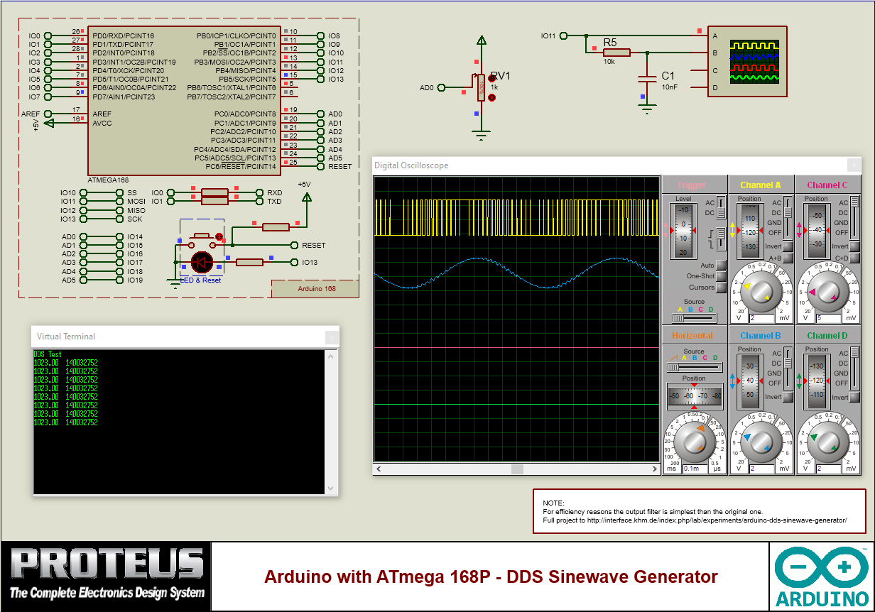 Arduino 168 DDS Sinewave Generator