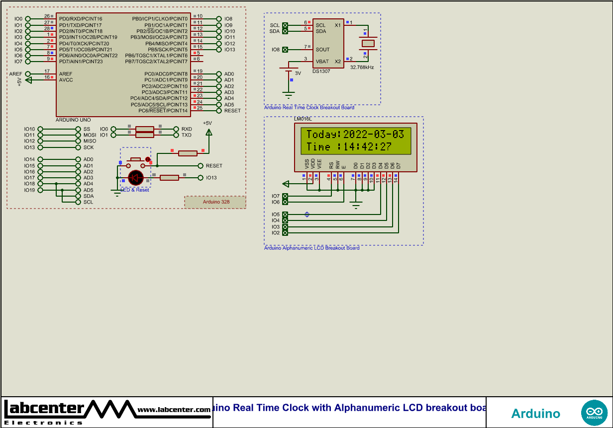 Arduino Real Time Clock with Alphanumeric LCD breakout board.