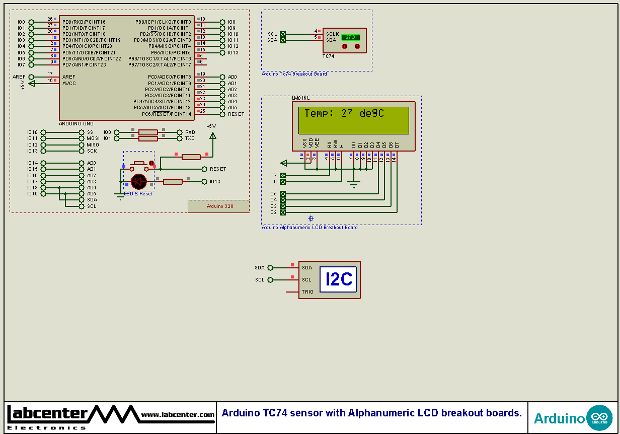 Arduino TC74 sensor with Alphanumeric LCD breakout boards.