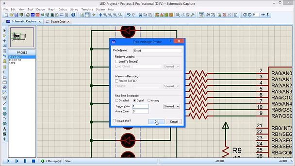 This short movie shows how to use voltage probe conditions to <a href='/simulation/#measure' target='_blank'>trigger breakpoints during a microcontroller simulation</a> in the Proteus schematic capture software.