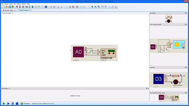 Proteus EDA Software using Visual Designer for Arduino AVR and Grove sensors to create a simple Night Light with full microcontroller simulation.
