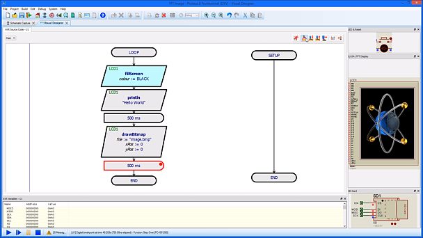 This video demonstrates Visual Designer for Arduino AVR  simulation using a TFT Display Control with schematic capture software interaction and hardware deployment.