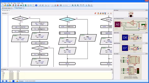 A short video using Visual Designer to single step and debug a talking thermometer project design with Arduino Simulation and Schematic Capture Software interaction.