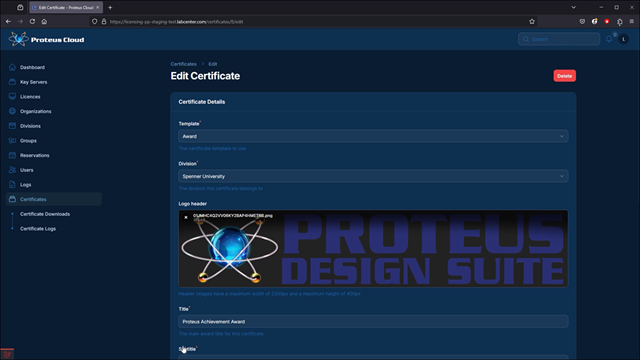 The Proteus cloud license certificate system provides a way for achievement or completion certificates to be generated for users.