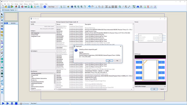 The <a href='/schematic/#libraries' target='_blank'>Proteus CAD Software component libraries automatically do a web search</a> if the required device is not in local libraries and will add the part at the press of a button.