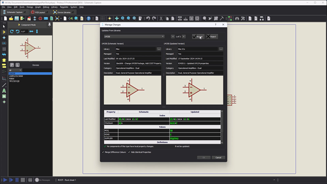 This short video shows how someone can review a design and parts used against those of the approved, versioned libraries, and update devices as required.