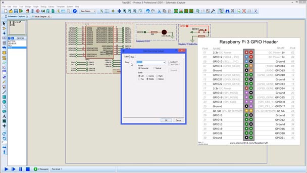 A short video demonstrating how to use <a href='/visualdesigner/raspberry-pi/#schematic' target='_blank'>Proteus MCU Simulation software to run a Raspberry Pi Simulation</a> and control the GPIO pins in firmware and hardware.