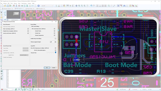 The Route Command Centre is now the hub to control the routing of a PCB on Proteus. Here you can select the tracking mode, editing restriction, visual display and track properties all from the press of a button.