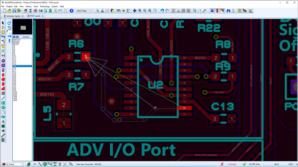 The Proteus EDA Software provides a quick method to route your PCB Designs by using click to complete technology to place tacks along valid paths.