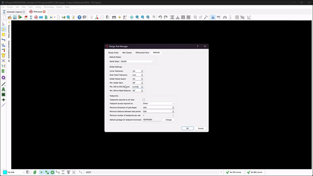 PCB Layout now includes design rule settings for the silkscreen on both top an bottom layers, keeping the silckscreen off of your tracks and pads.