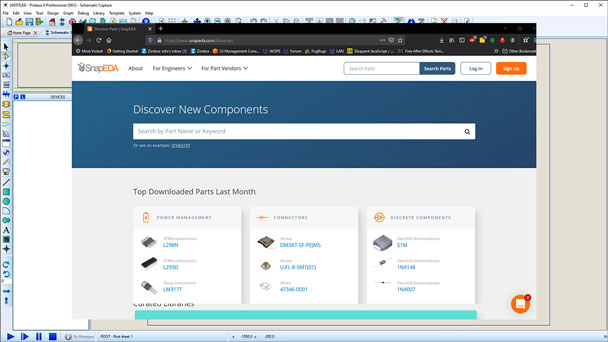 As of Proteus CAD Software vprevious the component libraries automatically do a component web search of SnapEDA if the required device is not in local libraries and will add the part at the press of a button.
