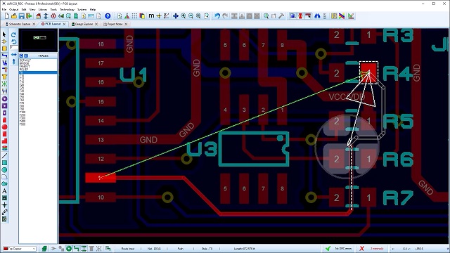 Track routing in Proteus PCB now displays a circular overlay which shows the design rule clearances around objects already placed on the board. This provides a clear view of where best to route.