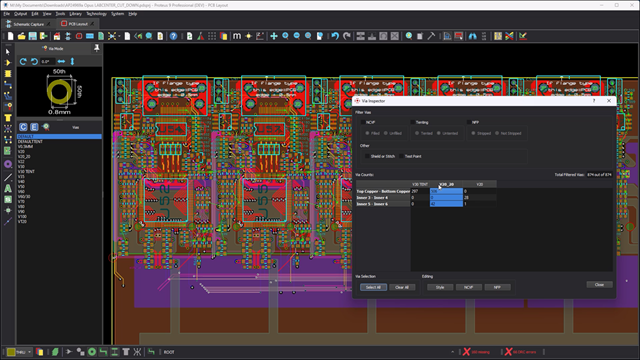 The via inspector is a dialogue form in Proteus, allowing you to view and analyse via usage on the board, as well as make bulk edits to placed vias.