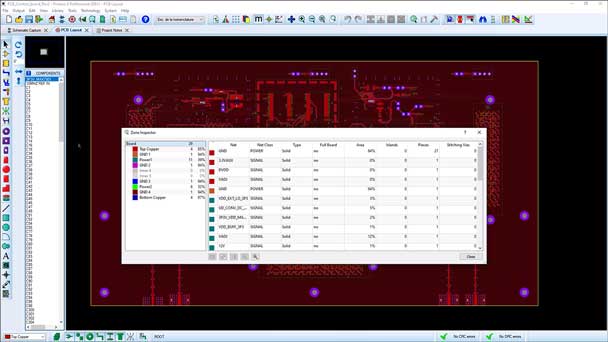 The Zone Inspector of Proteus PCB Design allows for an at a glance view of all copper pour zones on a board with details of their respective nets, layers and even area of coverage.