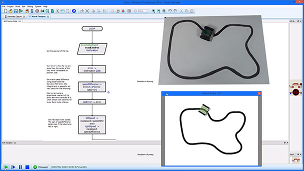 This video displays the ability of <a href='/turtles/#SupportedRobotTurtles' target='_blank'>Proteus Visual Designer and Arduino Simulation</a> to control and program the popular Zumo Arduino turtle robot.